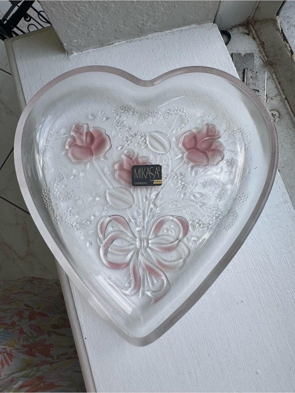 Mikasa Heart-Shaped Clear Glass Dish with Pink Rose Accents